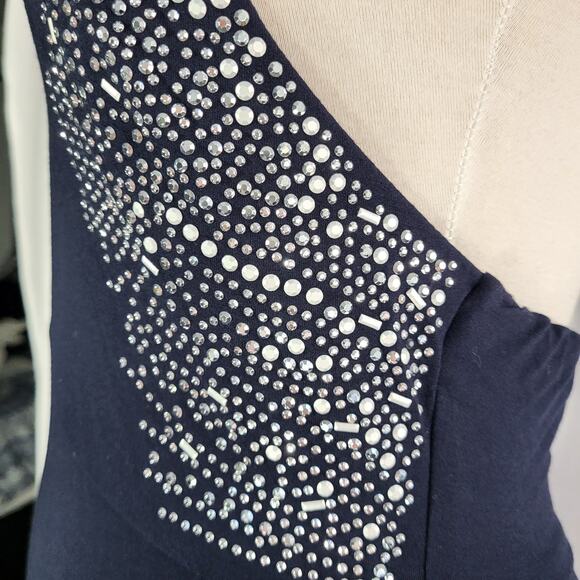 VTG Y2K Cache Beaded Halter Maxi Dress Navy Small Evening Prom Formal Gown READ - Picture 7 of 16